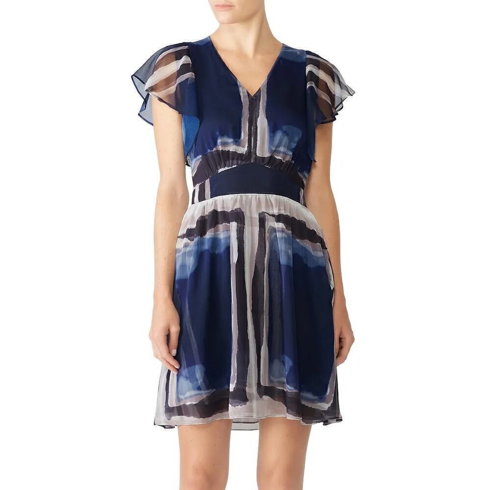 Slate & Willow Watercolor Dress Sheer Flutter Sleeve V-Neck Mini Blue 10